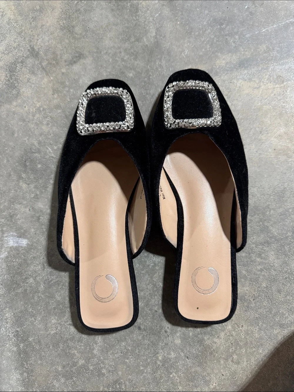 Black Velvet Slip-On Flats with Crystal Buckle Accent
